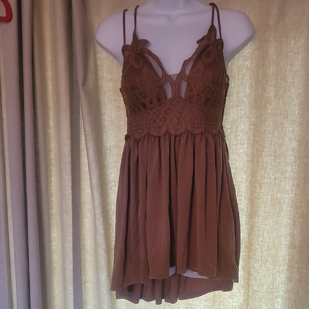 Zenana Outfitters Brown Crochet Bodice Spaghetti Strap Mini Dress